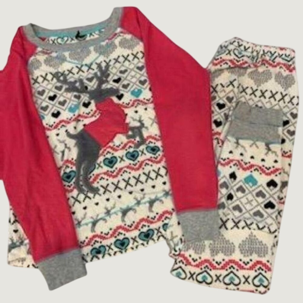 Kensie Womens Pajama Set XS Red Grey Reindeer Fair Isle Fleece 2 Piece Sleepwear